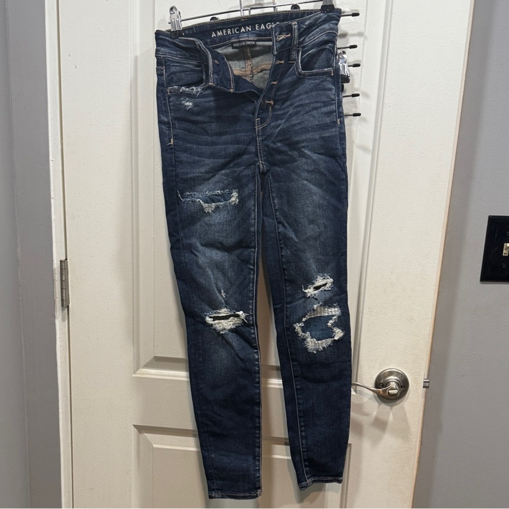 American Eagle Outfitters Women's Dark Blue High Waisted Distressed Skinny Jeans